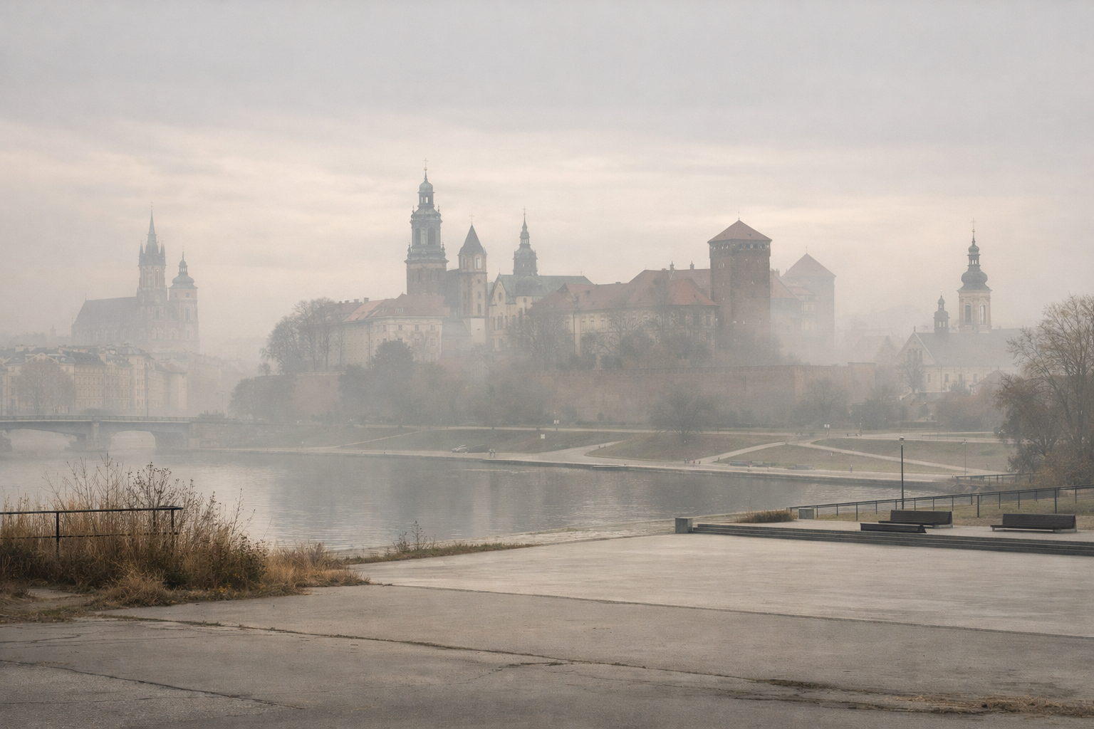 Dawny Kraków zanikający we mgle