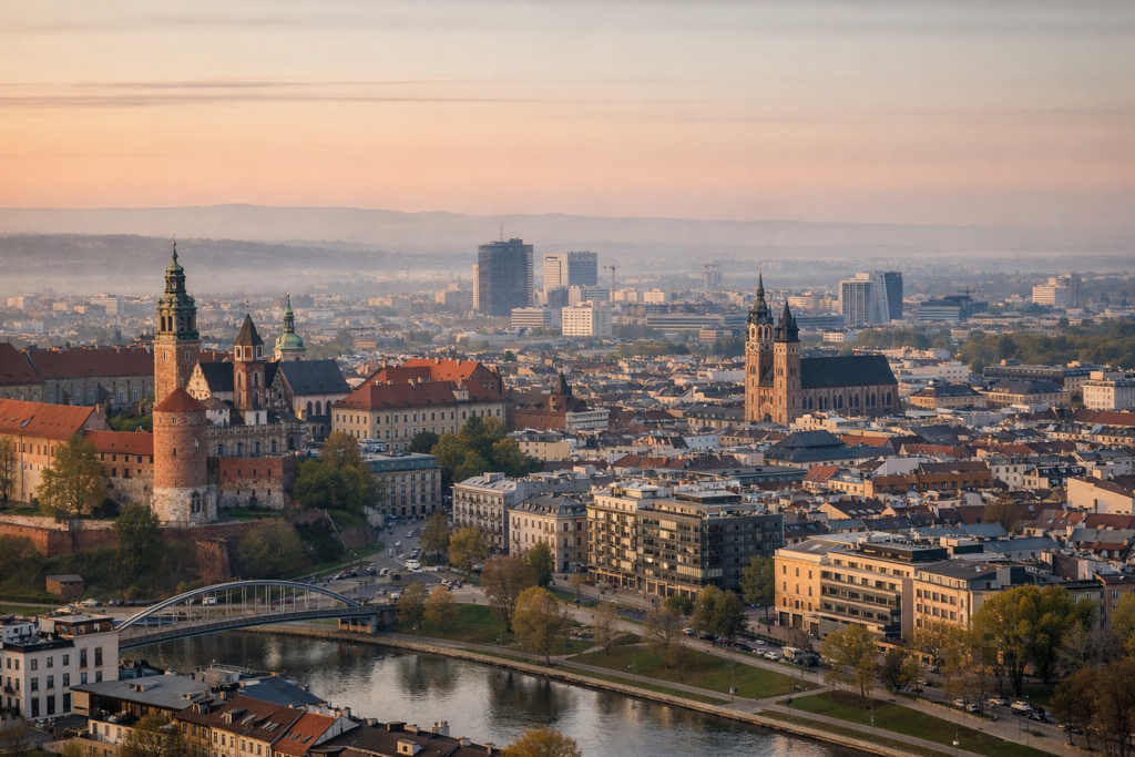 Panorama zabudowy Krakowa o świcie